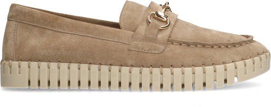 Manfield Dames Beige Suède Loafer met Goudkleurig Detail - Maat 36