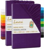 Lavea® Set van 2 Hoeslakens 180x200 cm – 100% Zacht en Ademend Katoen – voor Dikke Matrassen tot 20 cm – Jersey met Elastiek rondom – Donkerpaars