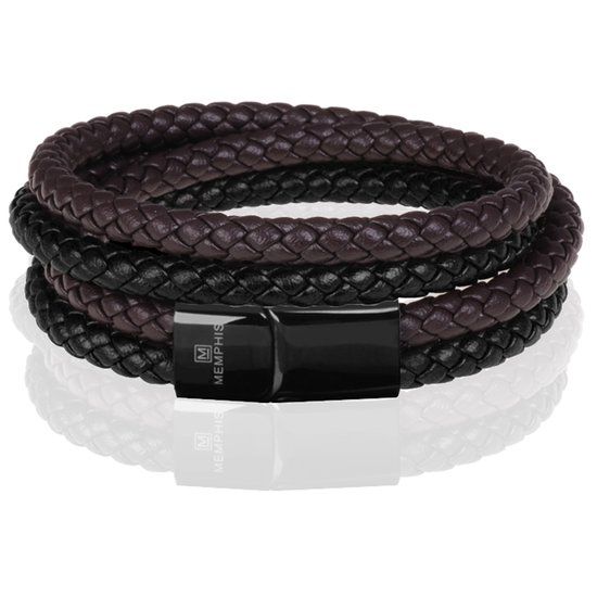 Memphis Dubbele Wrap Armband Duo Leer Bruin Zwart - 20cm