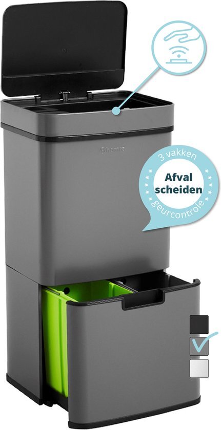 HOMRA NEXO Prullenbak Afvalscheiding 3 vakken - 72 Liter (2x12 + 48 L) met infrarood Sensor - Design Trio Afvalemmer RVS - Grijs - Afvalscheidingsprullenbak - Keuken Afvalemmer - Grijze Recycle Afvalbak - Hygiënisch - Kantoor Vuilbak - Elektrisch