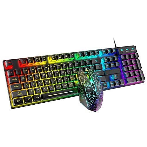 EXHNLE RGB Rainbow Backlit Gaming Keyboard en Muis Combo, USB Bedrade Bundel USB Bedraad Backlit Toetsenbord, voor Laptop PC Computerspel en Werk (Kleur: Zwart)