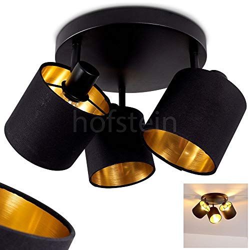 hofstein Plafondlamp Alsen, ronde plafondlamp van metaal/stof in zwart/goud, 3 lampen, met verstelbare spots, 3 x E14 max. 28 Watt, spot met stoffen kappen in retro/vintage design, geschikt voor LED