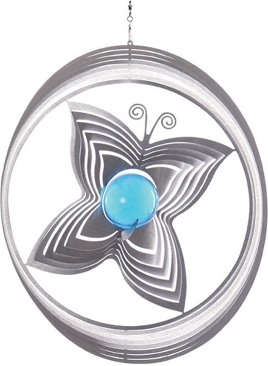 BlinQ Art Windspinner RVS Butterfly met blauwe kogel. Een sieraad voor uw tuin of interieur draait in de wind of met draaimotor