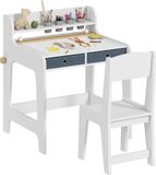 Bureau pour enfants avec chaise - Set - 2 tiroirs extensibles - Compartiment de rangement - Porte-gobelet - MDF - 62,8 x 55,6 x 73,8 cm - Blanc
