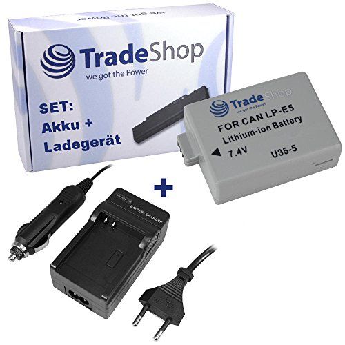 Trade Shop 2-in-1 set: Li-Ion accu 1400 mAh + acculader met auto-adapter compatibel met Canon EOS 450D 500D 1000D 450-D 500-D 1000-D Digital Rebel XSi