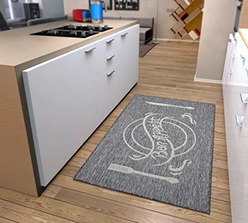 Hanse Home Bon Appetit Tapijtloper – keukentapijt met opschrift, antislip, onderhoudsvriendelijk, robuust, Öko-Tex tapijtloper voor keuken, hal, eetkamer – grijs-crème, 92 x 150 cm