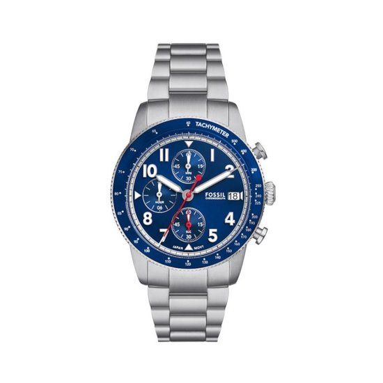 Fossil FS6047 Sport Tourer Heren Horloge - Zilverkleurig - Blauwe Wijzerplaat - Stalen Band