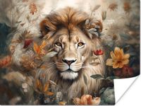 PosterMonkey Poster - Leeuw - Bloemen - Wilde dieren - Natuur - 120x90 cm