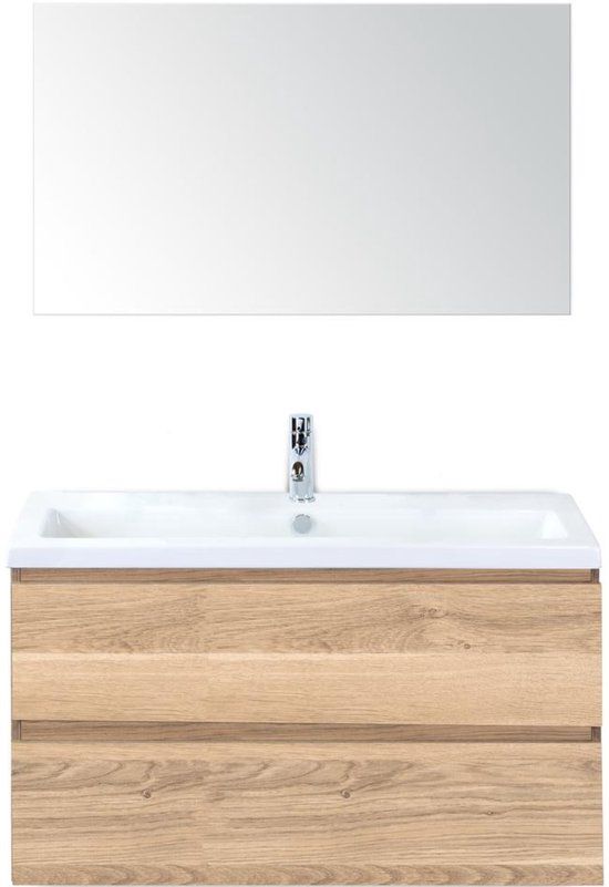 BES LED Vogue Badmeubelset 100 cm - Greeplijst in Kleur - Grey Oak - Keramische Wastafel Wit 1 Kraangat met Spiegel