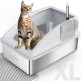 AIPERRO Roestvrijstalen XL ingesloten kattenbak met deksel voor grote katten | Hoge zijdige, anti-urinelekkage | Antiaanbakbodem & Inclusief mat en metalen schep