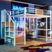 Lit Mezzanine 140x200 Avec Bureau Et Rangements, Lit Surélevé En Métal Robuste Avec Penderie, Led Et Prise Électrique, Noir Et Blanc