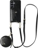 AVY Leren Hoesje geschikt voor Samsung Galaxy S25 / S24 | Met Koord, Wallet en Pouch | Compatibel met MagSafe | Leather Case met 130CM Koord | Long Leather | Croco Zwart