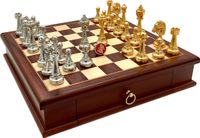 Pièces d'échecs italiennes, modèle Staunton, or/argent, avec échiquier en palissandre, 32 pièces