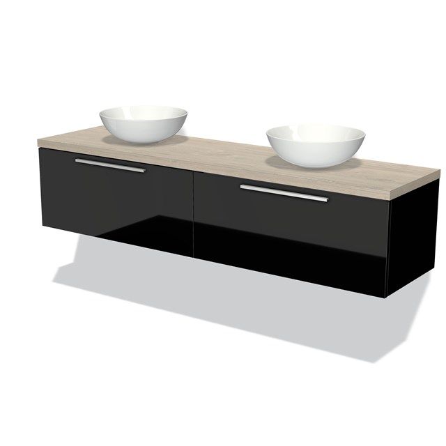 Maxaro Badkamermeubel Modulo Plato 180cm Hoogglans Zwart 2 Lades Lichtgrijs Eiken