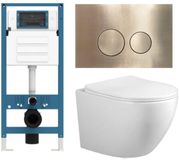 Adema Salina 2.0 Toiletset - 48.5x36x32cm - diepspoel - spoelrandloos - QeramiQ inbouwreservoir - softclose - quickrelease - toiletzitting - goud geborsteld metalen bedieningsplaat - ronde knoppen - wit
