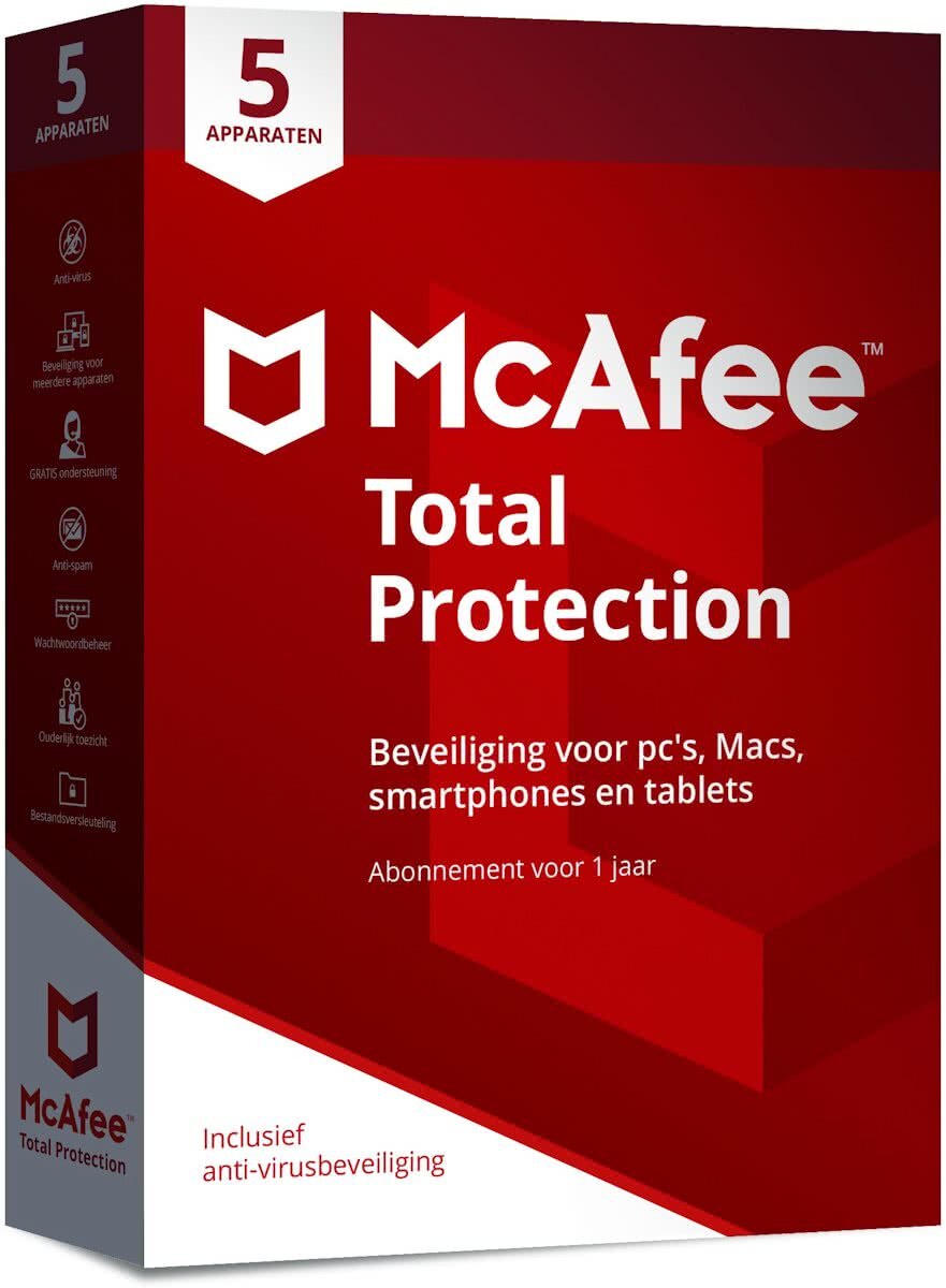 McAfee Total Protection 2018 - 5 Apparaten - Nederlands - Windows / Mac / iOS / Android