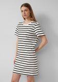 s.Oliver Robe Noir/Blanc Rayé Manches Longues Col Rond Coton Taille 38