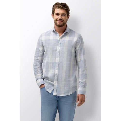 State of Art regular geruit casual overhemd met linnen lichtblauw