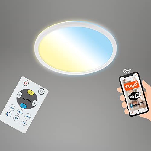 Briloner - Slimme LED plafondlamp, ronde WiFi woonkamerlamp, backlight effect, dimbare plafondlamp met afstandsbediening, spraakbesturing, wit, Ø29,3 cm.