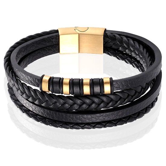 Mendes Lookinggoodtoday Leren heren armband Multi Mendes Edelstaal Goudkleurig Zwart-18.5cm