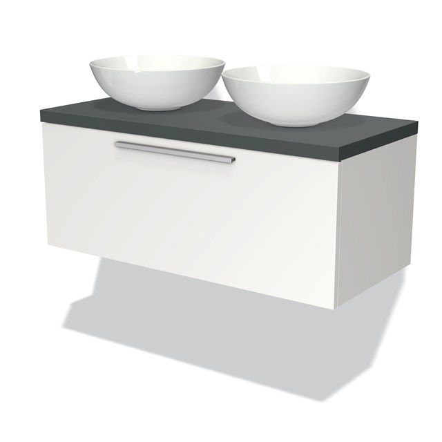 Maxaro Badkamermeubel voor Waskom 100cm Modulo Plato Mat Wit 1 Lade Vlak Donkergrijs Blad