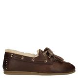 Manfield - Dames - Bruine leren bootschoenen met bontvoering - Maat 39