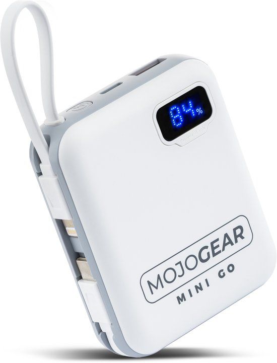 MOJOGEAR MINI GO 10.000 mAh Powerbank met ingebouwde kabels (USB-C en Lightning) - Wit