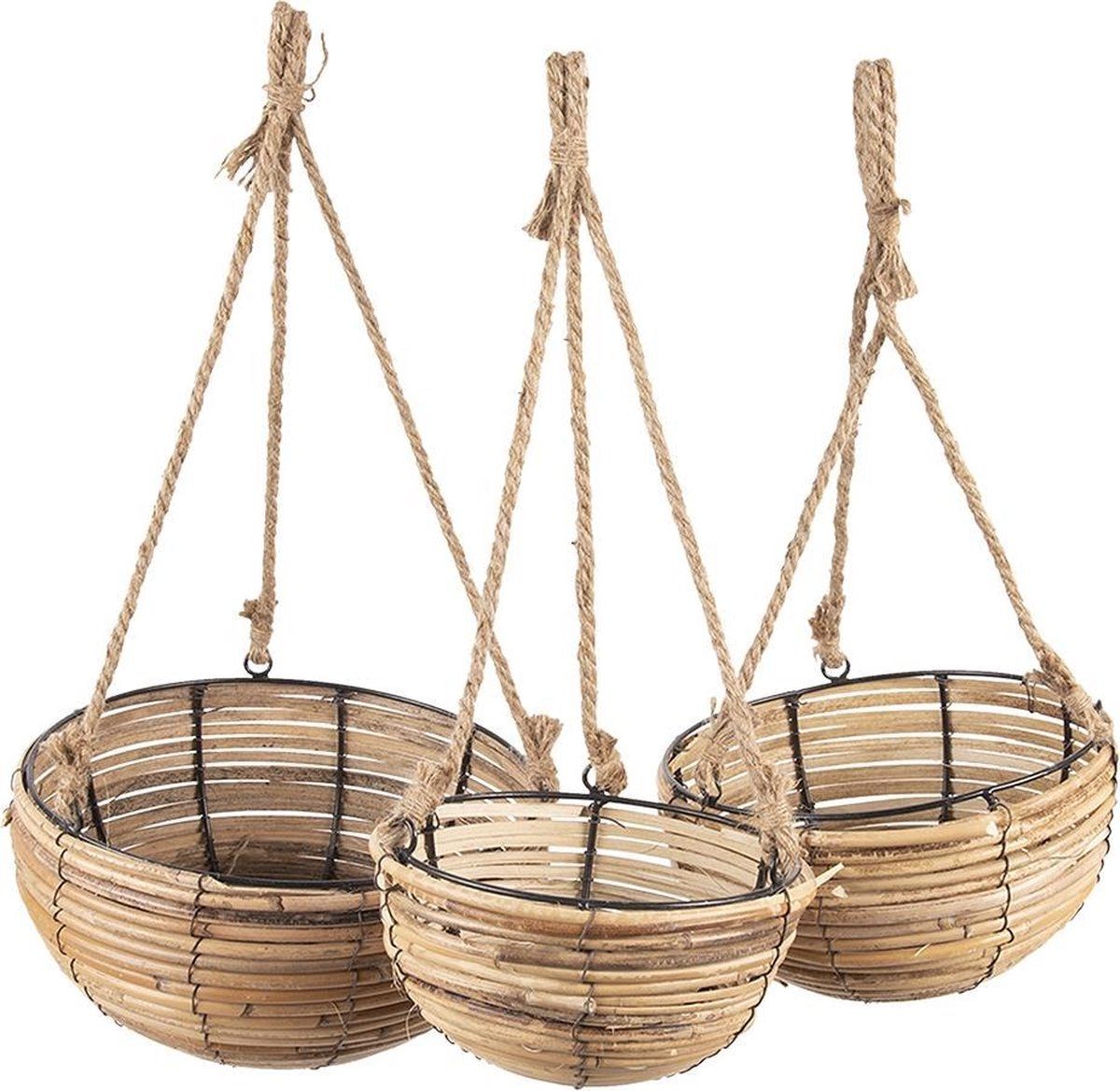 Clayre & Eef Plantenhanger Set van 3 Bruin Rotan Rond Hangpot Plantenhouder - 8717459775534