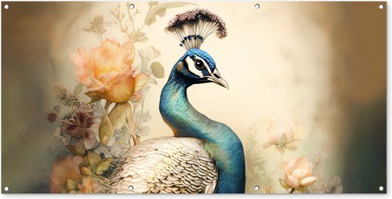 GreatGardenPosters Buitenposter Pauw - Pauwenveren - Bloemen - Vogels - Botanisch - 160x80 cm - Tuindoek - PVC