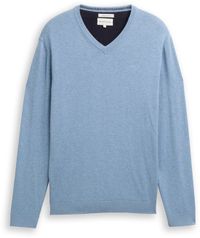 Tom Tailor Pull en maille à col en V en coton - Taille XXL - bleu melange montagne