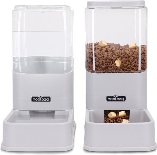 Nobleza 4021N - Automatische Dierenvoederset - Set van 2 - Fontein kat - Dier Voeder - Grijs