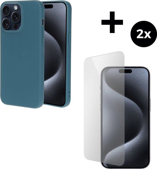 Mobiparts Silicone Cover - Apple iPhone 15 Pro Max - Blue with 2x Tempered Glass Screen Protectors