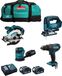 MAKITA Set MK404 (DHP482 + DSS610 + DJV182 + DBO180 + 2 x 5,0 Ah accu's + DC18RC lader + LXT600 opbergkoffer)