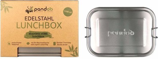 Pandoo RVS lunchbox - 1200 ml - incl. divider + katoenen tas