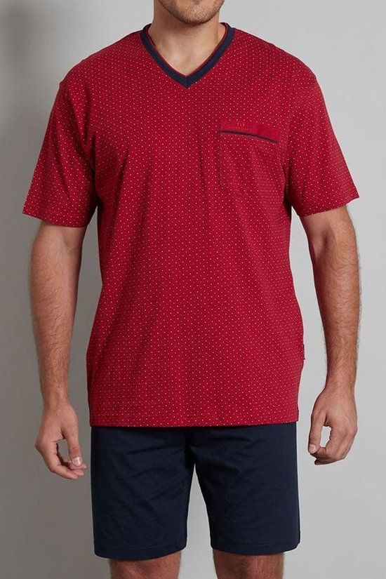 Götzburg Heren Shortama - Rood met Blauw en Wit Dessin - V-hals - Katoen - XL