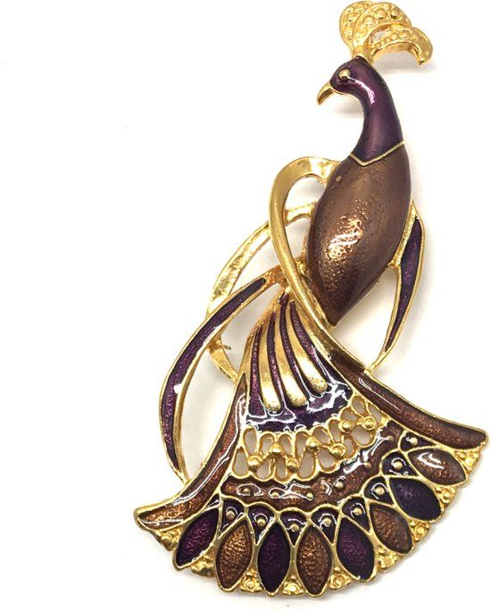 Behave Pauw Broche - Goud/Bruin/Paars - 8 cm