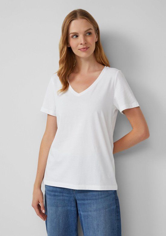 s.Oliver T-shirt Vrouwen Wit Katoen/Elastaan Korte Mouw V-hals Maat 42
