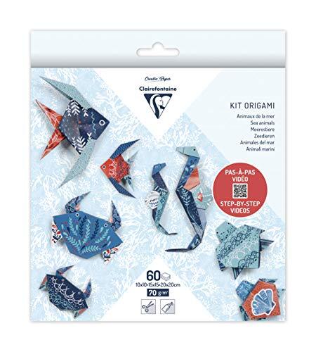 Clairefontaine 95367C Origami-papier, 70 g/m², 3 formaten: 10 x 10 cm, 15 x 15 cm, 20 x 20 cm, 4 verschillende modellen, 5 verschillende illustraties, marineblauw