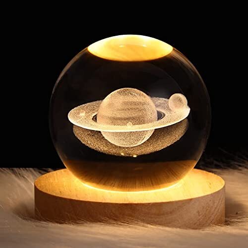 DRYFAL 3D Saturnus Crystal Bal Nachtlampje voor Kinderen Glazen Bal Nachtlamp met Houten Basis Fantasie Decor Crsytal Bal Saturnus LED Galaxy Planet Nachtlampje Gift Slaapkamer Decor