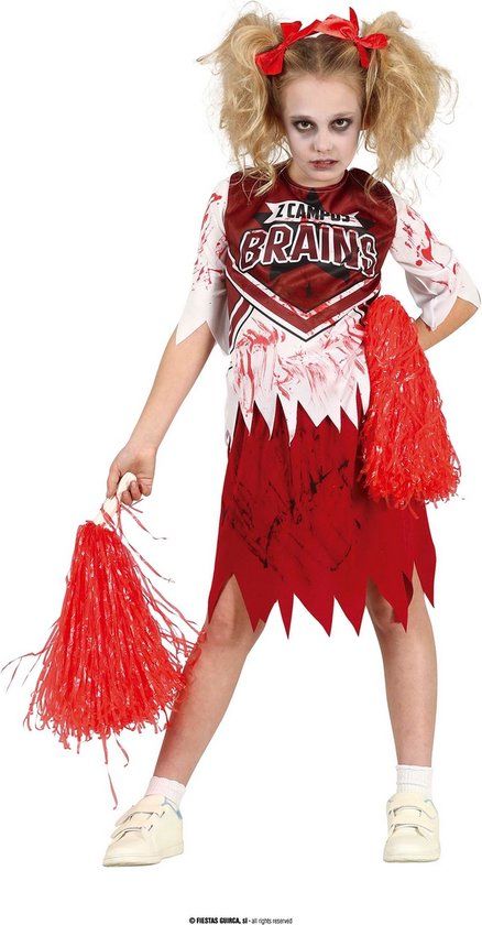 Guirca Zombie Cheerleader Kostuum Meisjes 5-6 jaar - Rood/Wit/Beige
