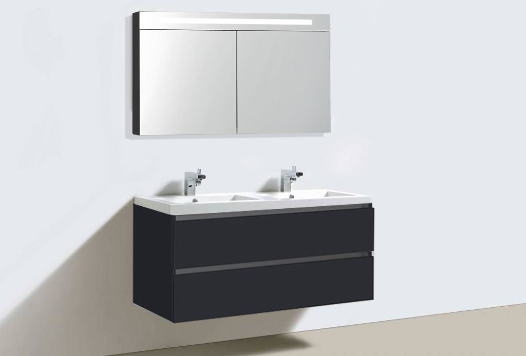 Badkamerplanet Badkamermeubel Trento Greeploos Mineraal 120 cm Hoogglans Antraciet met Spiegelkast