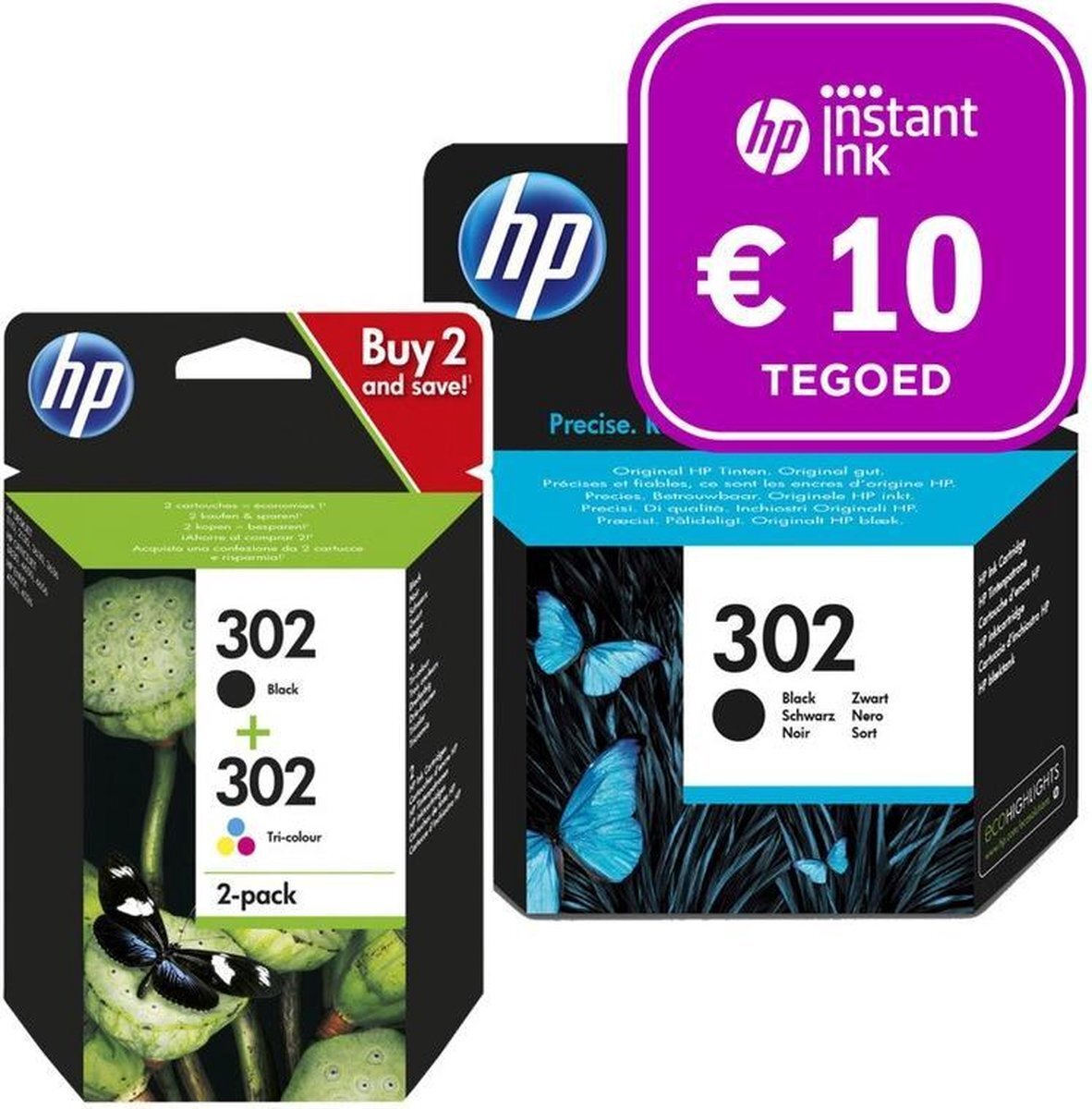 HP 302 - Inktcartridge kleur & 2x zwart (3-pack) + Instant Ink tegoed