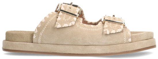 Manfield Dames Beige Suède Slippers met Witte Details - Maat 39