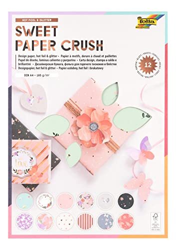 Folia 11949 - Design Papier "Sweet Paper Crush", DIN A4, 165 g/m², hot folie & glitter, 12 vellen gesorteerd in 12 verschillende motieven, hoogwaardig geïllustreerd papier met glitterapplicatie