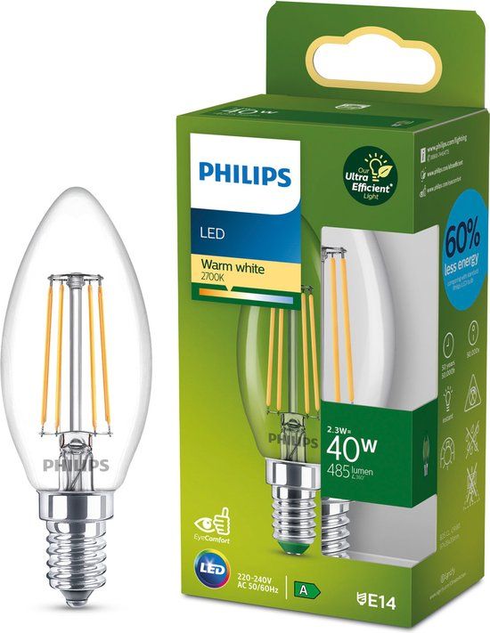 Philips LED Kaarslamp E14 - Ultra Efficient - 2.3W (40W) - Warm Wit Licht