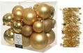 Decoris Kerstversiering kunststof kerstballen 6-8-10 cm met sterren folieslingers pakket goud van 28x stuks - Kerstboomversiering