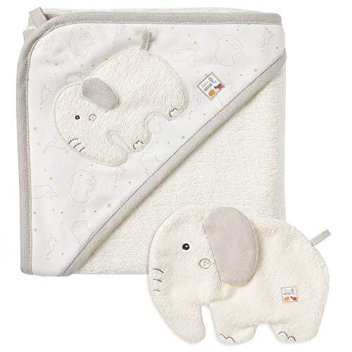 Fehn 056396 Badset olifant fehnNATUR – badset handdoek & washandje van gecertificeerd biologisch katoen (kbA) met diermotief voor vrolijk badplezier – voor baby's en peuters vanaf 0+ maanden