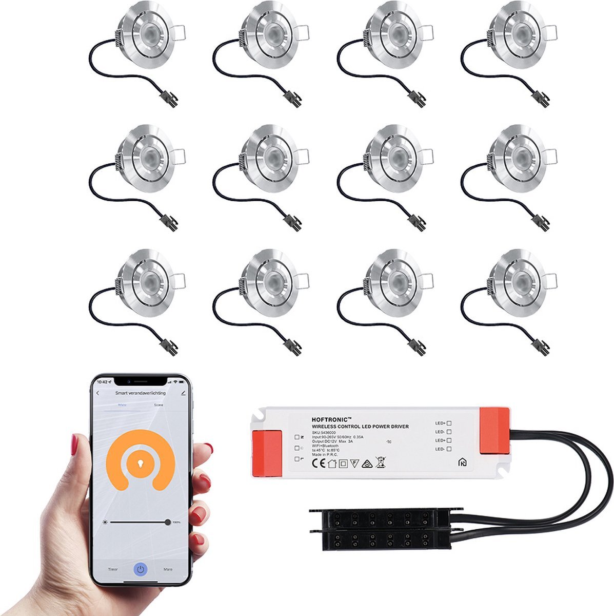 HOFTRONIC 12x Sienna RVS Smart LED Inbouwspots complete set - Wifi & Bluetooth - 12V - 3 Watt - 2700K warm wit - Veranda verlichting - Voor binnen en buiten