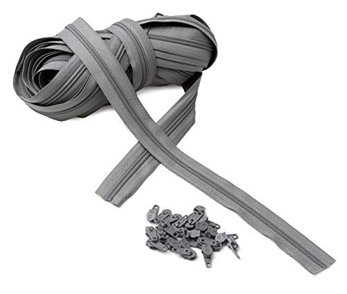 IPEA Ritssluiting maat 5# doorlopende ketting - 10 meter - nylon touw + 25 schuivers - grijs