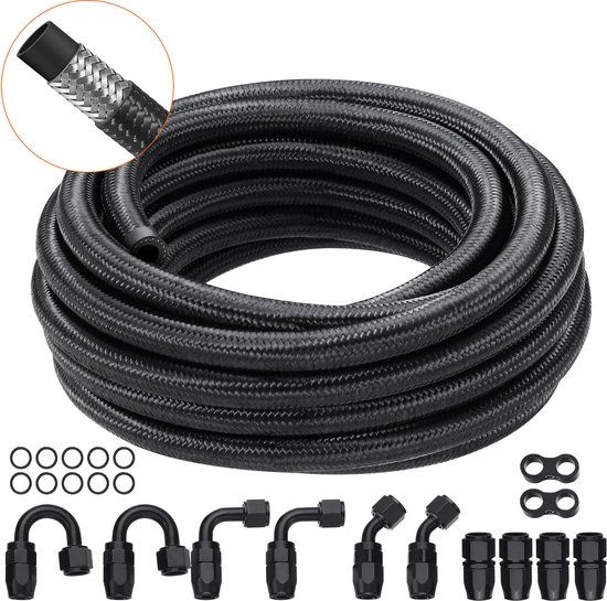 VEVOR 6AN Brandstofleidingset, 24" Brandstofslangset, 0,34" Nylon Roestvrijstalen Gevlochten Brandstofleiding Olie-/Gas-/Dieselslangstaartconnectorset 12-Delige Draaibare Adapterset